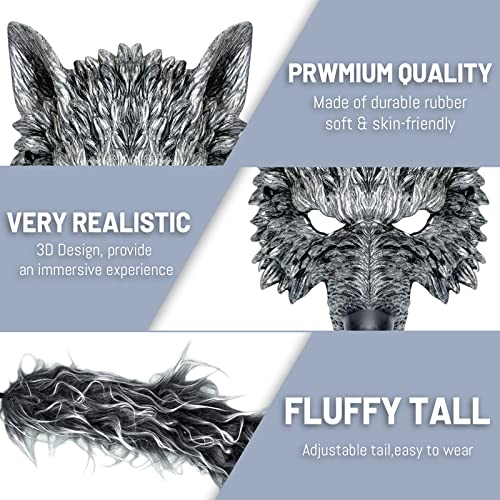 HyperFun Werewolf Costume Halloween Wolf Mask Gloves and Tails Set, Realistic Wolf Costume Cosplay Accessories Kit (Gray wolf) - Image 3