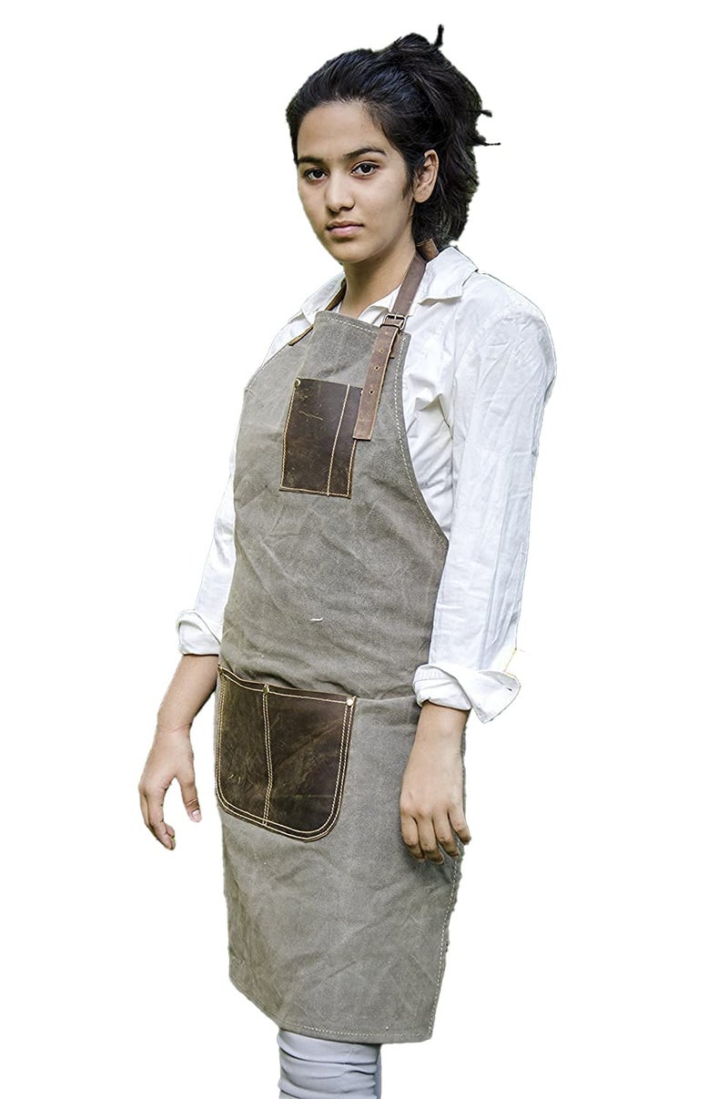 Priti Waxed Canvas Leather Apron Kitchen Apron Work Aprons Barbecue Apron Chef Apron With 2 Pockets Holder Light Brown