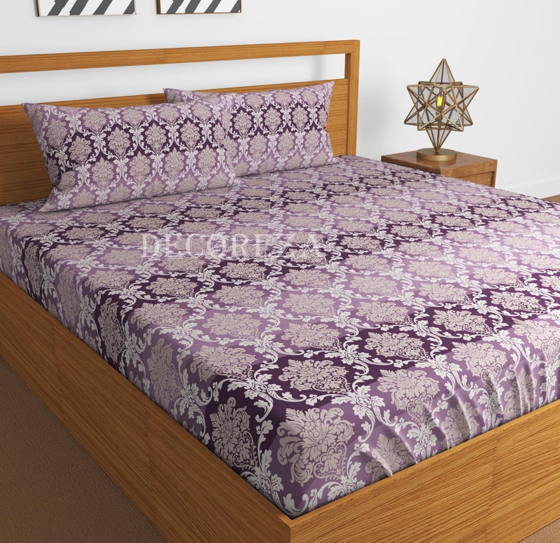 DECOREZA 350 TC Queen Size Elastic Fitted Bedsheet with Deep Pocket Cotton Feel Bed Sheet for Double Bed, Soft, Breathable & Wrinkle-Resistant, Includes 2 Pillow Covers, Size - 60"x78" Embro Purple - Image 4