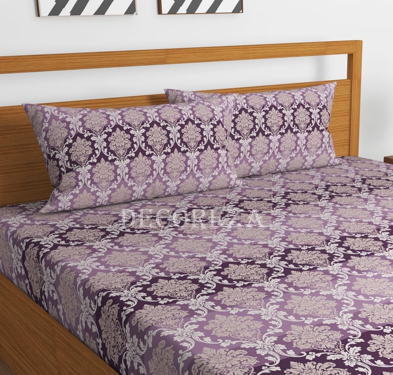 DECOREZA 350 TC Queen Size Elastic Fitted Bedsheet with Deep Pocket Cotton Feel Bed Sheet for Double Bed, Soft, Breathable & Wrinkle-Resistant, Includes 2 Pillow Covers, Size - 60"x78" Embro Purple - Image 2