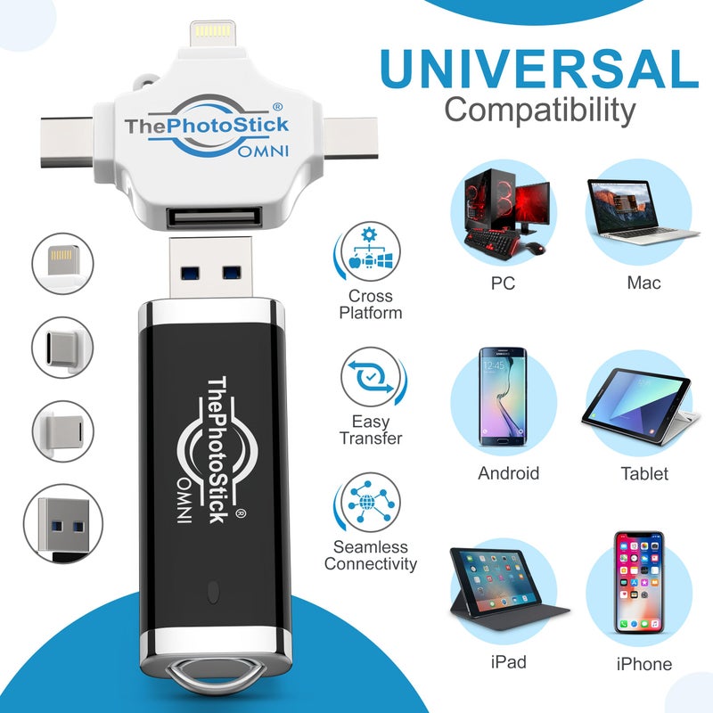 ThePhotoStickÂ® Omni 128GB USB Flash Drive & Memory Stick â€“ Photo & Video Backup for iPhone, Android, Mac & PC â€“ Multiport Connection to Easily Store & Transfer Files - Image 4