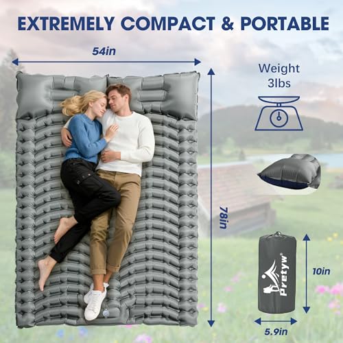 Pretyw Double Sleeping Pad for Camping - Ultralight Air Mattress with Pillows, Built-in Foot Pump, Compact Inflatable 2-Person Portable Mat for Backpacking, Hiking, Tent, Car Travel, Beach，Road Trip - Image 2