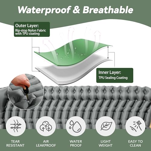 Pretyw Double Sleeping Pad for Camping - Ultralight Air Mattress with Pillows, Built-in Foot Pump, Compact Inflatable 2-Person Portable Mat for Backpacking, Hiking, Tent, Car Travel, Beach，Road Trip - Image 4