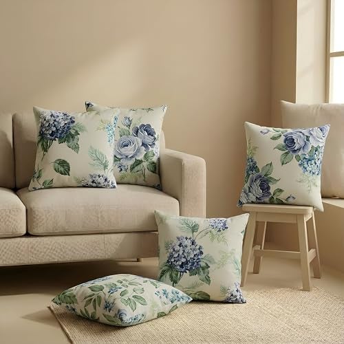 Clasiko Cotton Cushion Covers 16x16 – Set of 5 Decorative Cushion Covers, Blue Bloom, Soft Cotton, Hidden Zip, Sofa & Bedroom Décor - Image 1