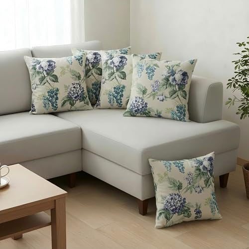 Clasiko Cotton Cushion Covers 16x16 – Set of 5 Decorative Cushion Covers, Blue Bloom, Soft Cotton, Hidden Zip, Sofa & Bedroom Décor - Image 4