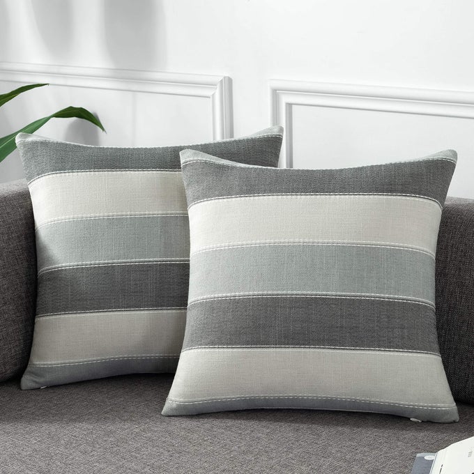 PACK OF 2 FARMHOUSE STRIPE CHECK THROW PILLOW COVERS SET CASE COTTON LINEN DECORATIVE PILLOWCASES CUSHION COVER FOR COUCH BENCH SOFA 20X20INCH DARK GREY BEIGE