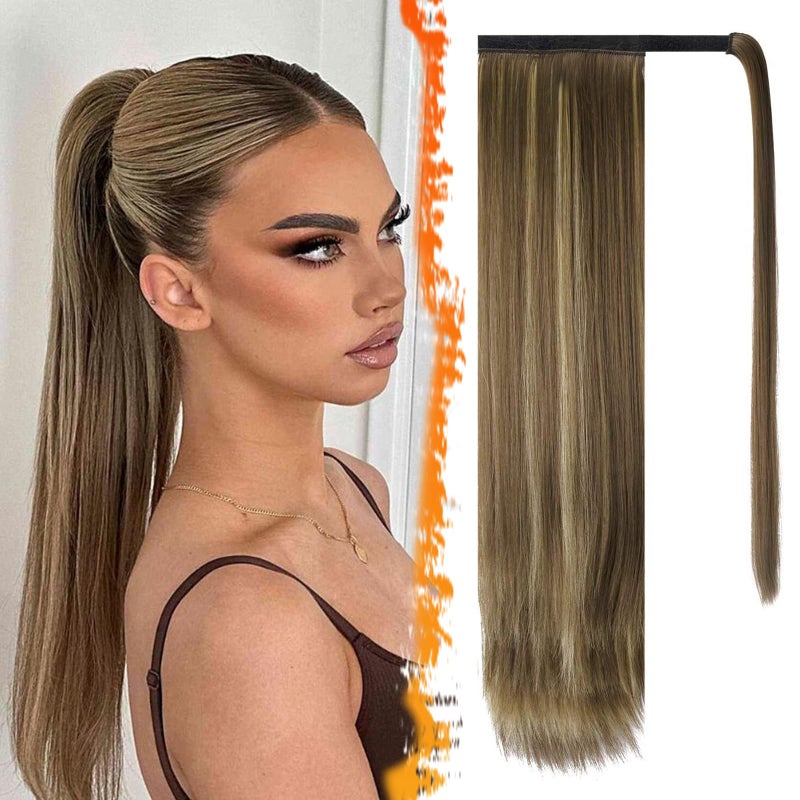 BARSDAR Highlight Straight Wrap Ponytail Extension 26 Inch Long Straight Wrap Around Ponytails for Women Clip in Ponytail Extensions Synthetic Highlight Pony Tails Hairpieces Daily