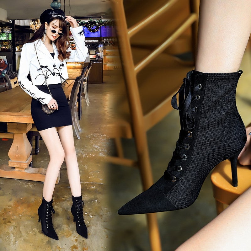 8788-8 Style Nightclub Slim Thin Heel High Heel Suede Pointed Cross Strap Fashion Lace-Up Boots - Image 3