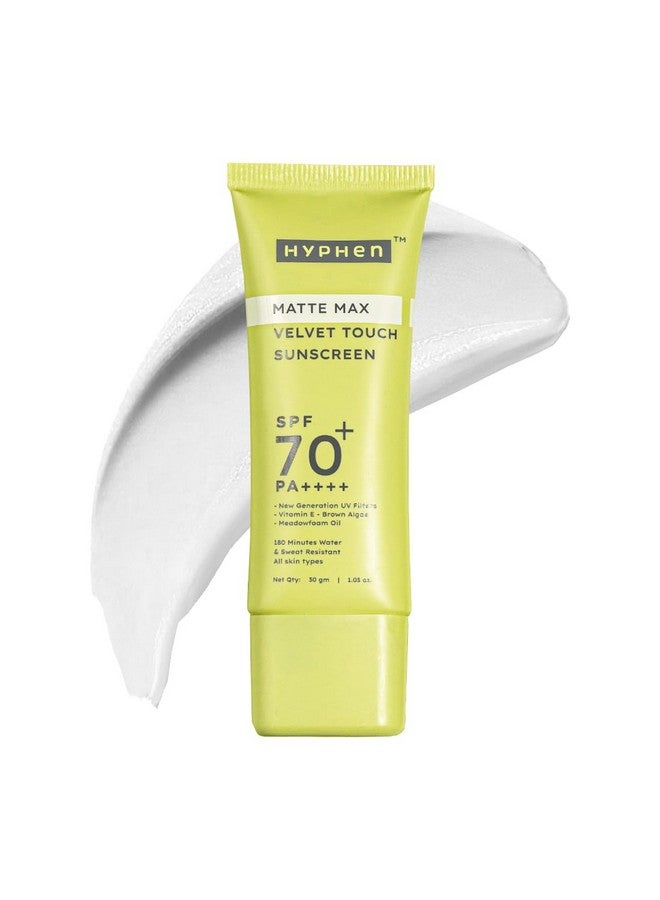 HYPHEN واقي شمس مات ماكس لمسة مخملية SPF 70+ PA++++ | حماية من الشمس | درع شمس | يرطب ويهدئ البشرة | حماية من UVA-UVB لمدة 12 ساعة | لا يترك أثر أبيض، غير دهني وخفيف الوزن | مقاوم للماء | مناسب للبشرة الدهنية والمختلطة وجميع أنواع البشرة - 30 جرام - Image 1