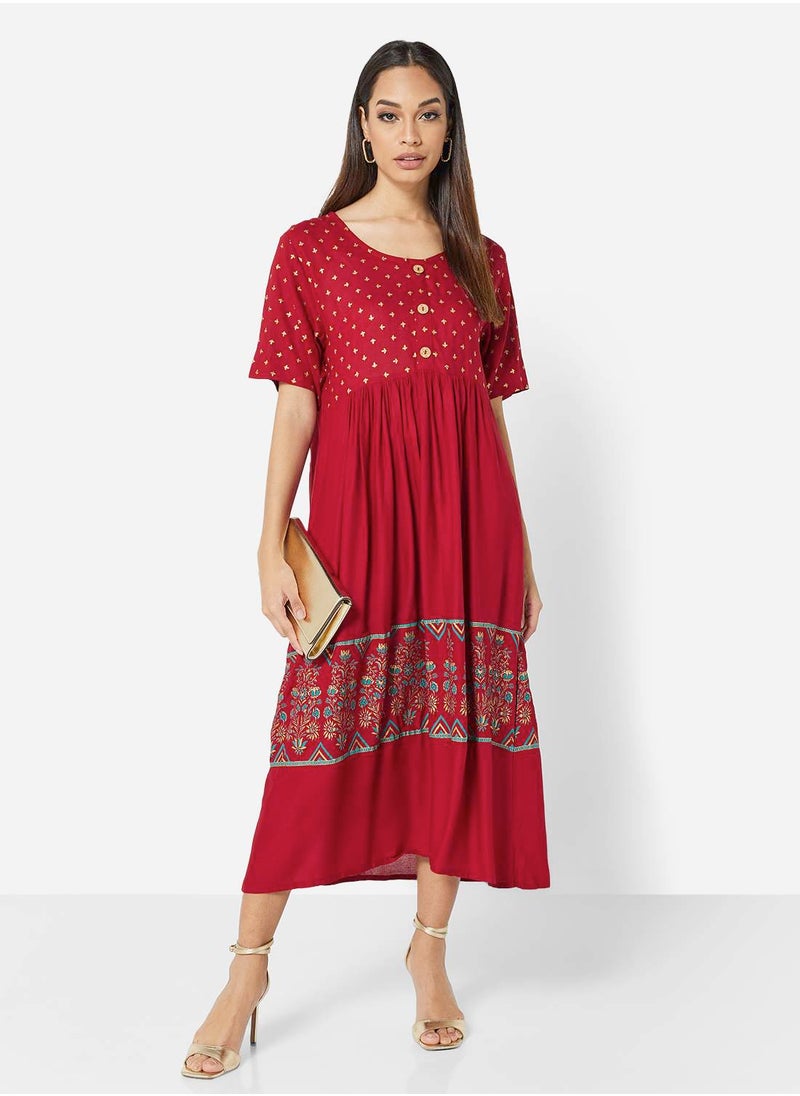 HANA & SARA - SOFT RAYON GOLD BLOCK PRINT ARABIC MIDI DRESS - Image 1