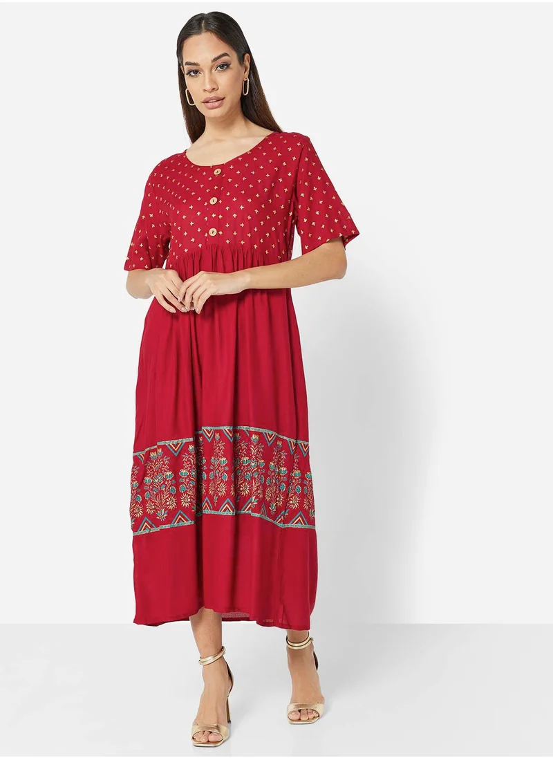 هانا آند سارا SOFT RAYON GOLD BLOCK PRINT ARABIC MIDI DRESS