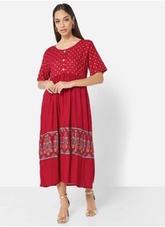 SOFT RAYON GOLD BLOCK PRINT ARABIC MIDI DRESS