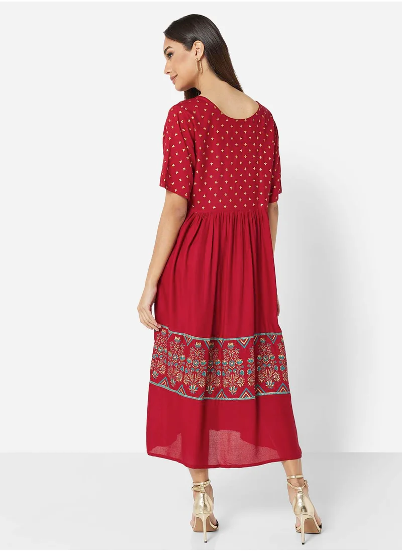 هانا آند سارا SOFT RAYON GOLD BLOCK PRINT ARABIC MIDI DRESS