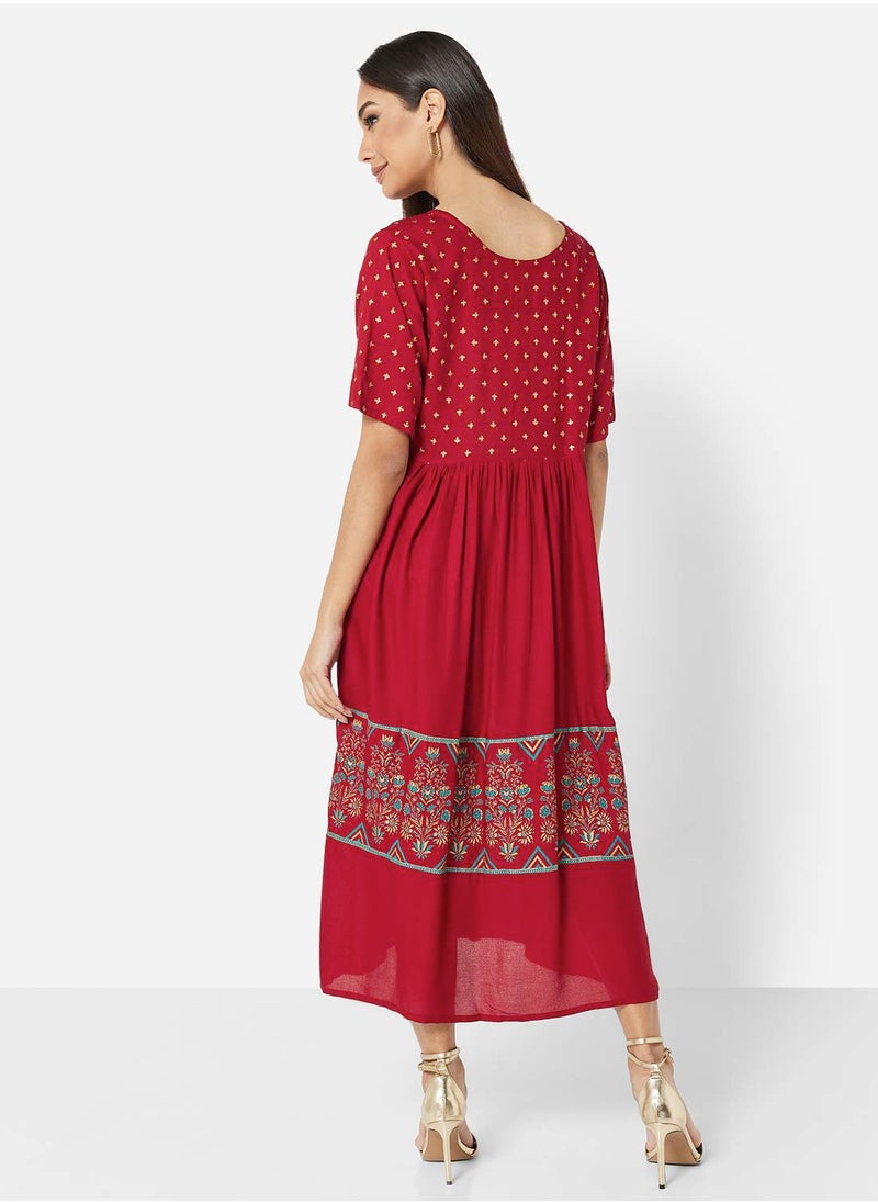 HANA & SARA - SOFT RAYON GOLD BLOCK PRINT ARABIC MIDI DRESS - Image 1