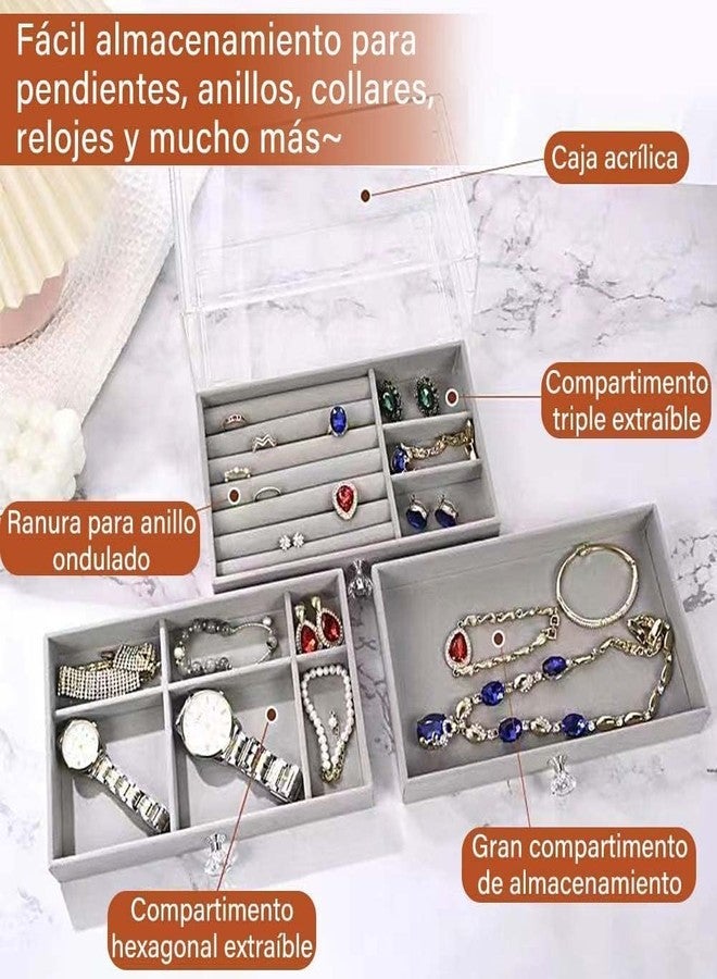 DEVHEART Acrylic Jewelry Organizer Clear Jewelry Box with 3 Drawers for Earrings, Rings, Necklaces, and Bracelets Multifunctional Velvet Stackable Jewelry Box diffrrent Compartments - Image 4