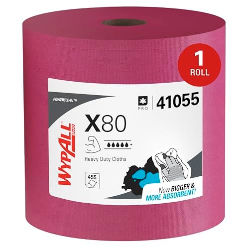 WypAll PowerClean X80 Cloths Heavy Duty Wipes (41055), Jumbo, Extended Use Towels, Red (1 Roll of 455 Sheets, 455 Sheet Total) - Image 1