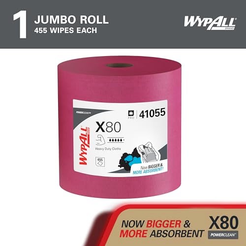 WypAll PowerClean X80 Cloths Heavy Duty Wipes (41055), Jumbo, Extended Use Towels, Red (1 Roll of 455 Sheets, 455 Sheet Total) - Image 2