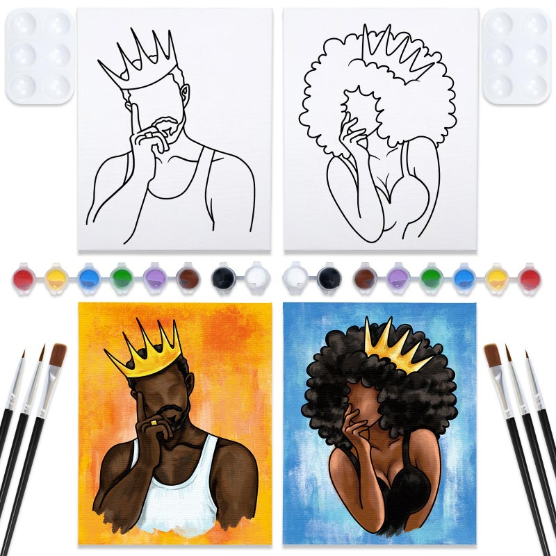 Nuberlic Nuberlic Date Night Sip and Paint Kit for Adults Pre Drawn Canvas to Paint for Adults Valentines Couples Painting kit Date Night Party Supplies Afro King Queen 2 Pack 8x10in 