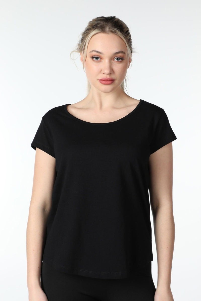 Defy's Women's Short Sleeve Boat Neck T-Shirt Black  - Image 2
