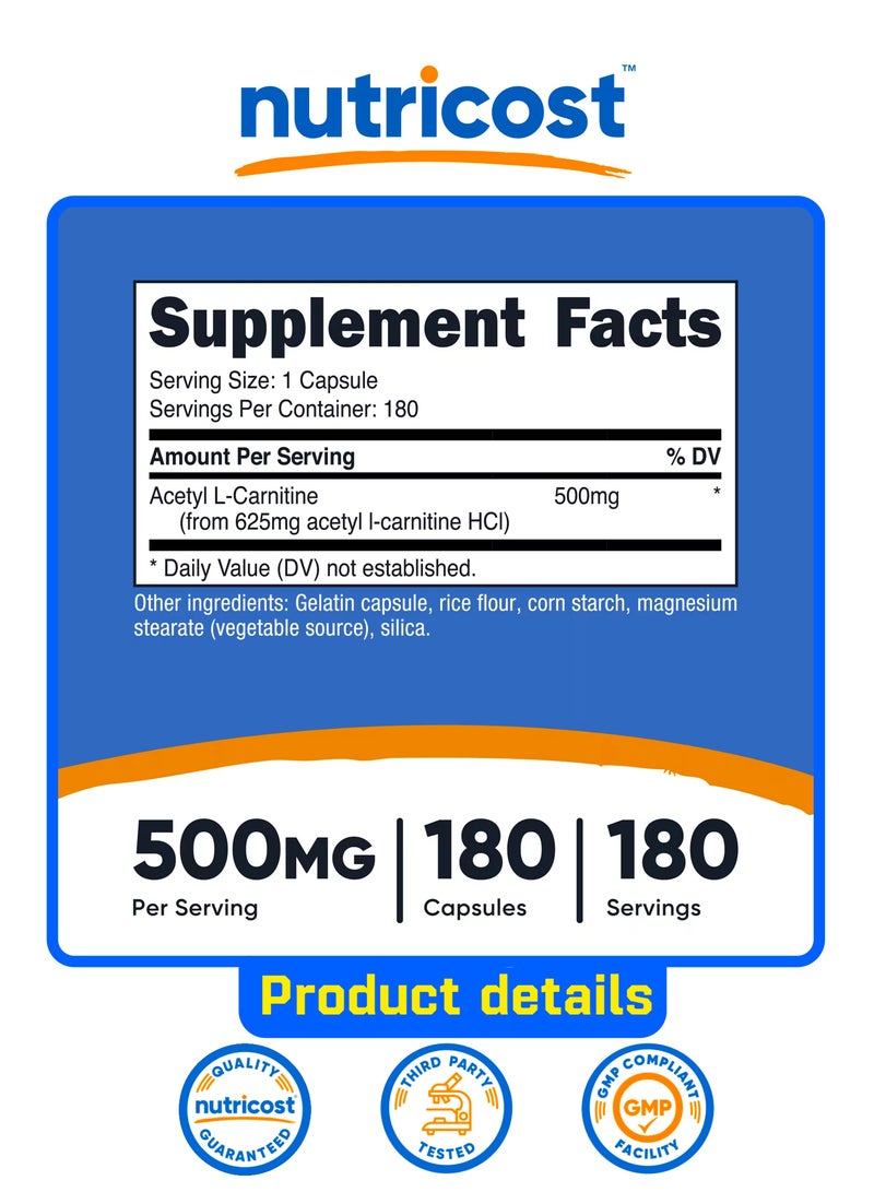 Nutricost Acetyl L-Carnitine (ALCAR) 500mg, 180 Capsules, 180 Servings - Non-GMO and Gluten Free, 1 Capsule per Serving - Image 2