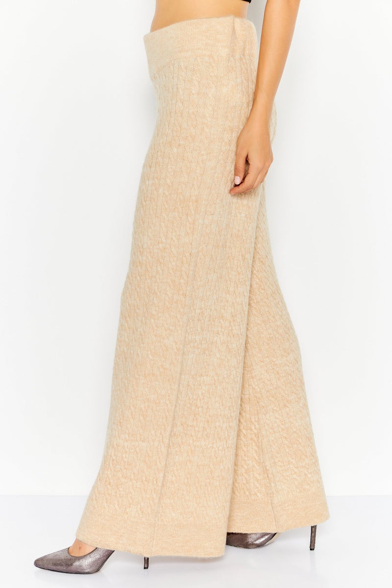 ESPRIT Women Regular Fit Heather Knitted Wide Leg Pants, Beige - Image 2