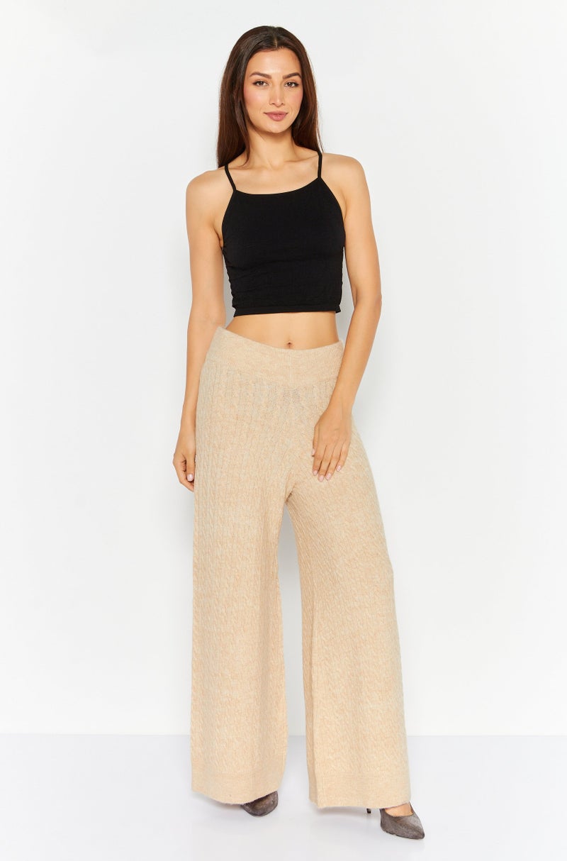 ESPRIT Women Regular Fit Heather Knitted Wide Leg Pants, Beige - Image 4