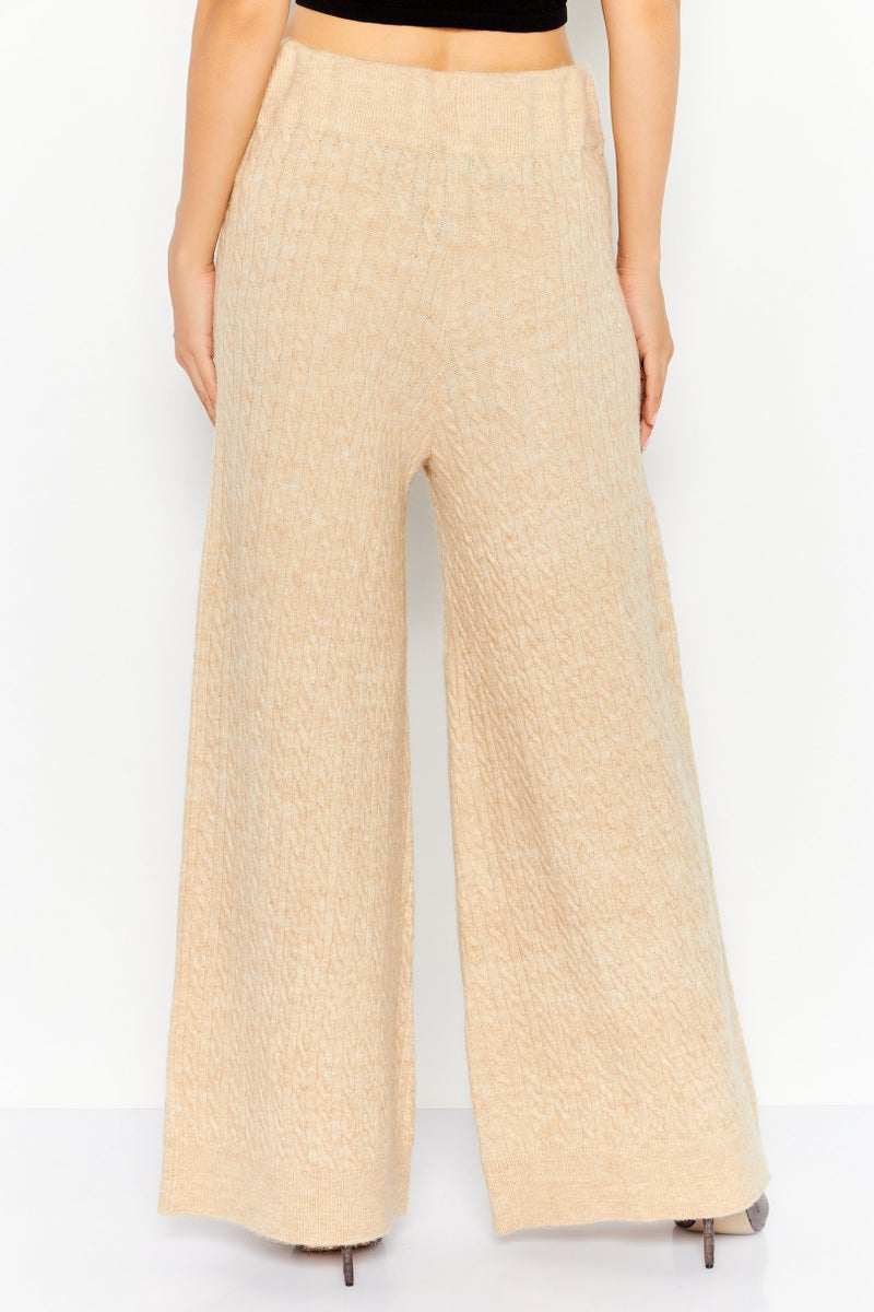 ESPRIT Women Regular Fit Heather Knitted Wide Leg Pants, Beige - Image 3