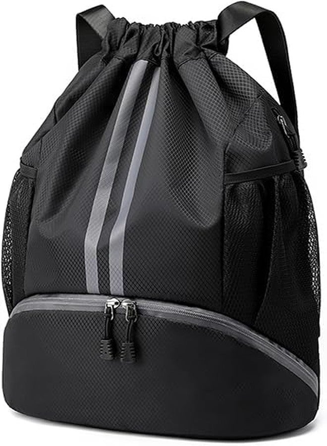 Sports Drawstring Bag Backpack for Men Women - Basketball Bag Gym Backpack Dedicated Shoe Compartment | Waterproof Large Space Gym Bag (Drawstring, Black, 22 Liter) - Image 1