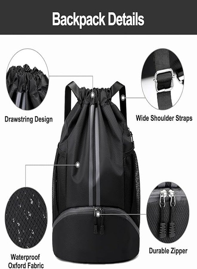 Sports Drawstring Bag Backpack for Men Women - Basketball Bag Gym Backpack Dedicated Shoe Compartment | Waterproof Large Space Gym Bag (Drawstring, Black, 22 Liter) - Image 3