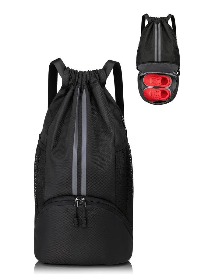 Sports Drawstring Bag Backpack for Men Women - Basketball Bag Gym Backpack Dedicated Shoe Compartment | Waterproof Large Space Gym Bag (Drawstring, Black, 22 Liter) - Image 5