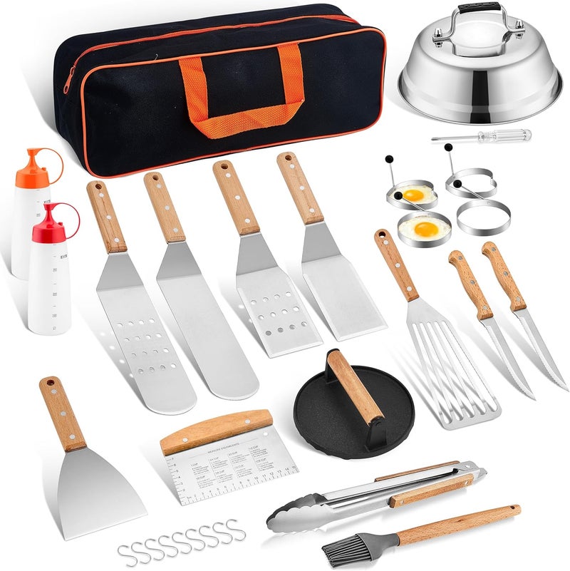 HaSteeL مجموعة إكسسوارات صينية هاستيل مكونة من 20 قطعة، تشمل أدوات مطبخ كاملة من الفولاذ المقاوم للصدأ، بالإضافة إلى قبعة ذوبان بقطر 9 بوصات، وملعقة معدنية قوية، ومكبس من الحديد الزهر للاستخدام على الأسطح المسطحة مثل صينيات التيبانياكي والباربيكيو في الهواء الطلق. - Image 1