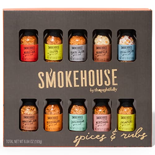Thoughtfully Smokehouse by Thoughtfully, Gourmet Grilling Spice Set in Mini Glass Bottles, Vegan and Vegetarian, Grill Seasoning Flavors Include Caribbean, Jamaican Jerk, Jalapeno, Montreal and More, Pack of 10 - Image 1