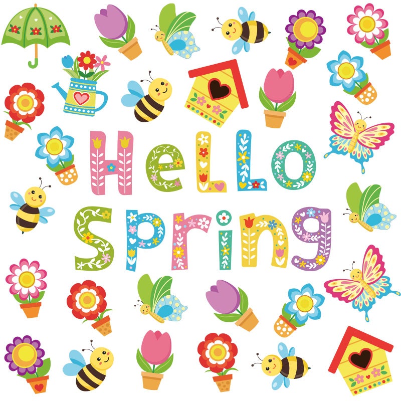 Perthlin Perthlin 72 Pcs Hello Spring Cut Outs Flower Bulletin Board with 96 Pcs Glue Points Tulip Floral Bee Butterfly Cute Paper Cutouts for School Classroom Game Party SuppliesFresh Style