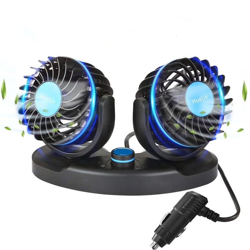 Car Fan 12V Electric Cooling Fan with 360 ° Adjustable Dual Head Fan with Cigarette Lighter, Powerful Silent and Stepless Speed Change, Summer Cooling for Car Truck Van SUV RV Boat