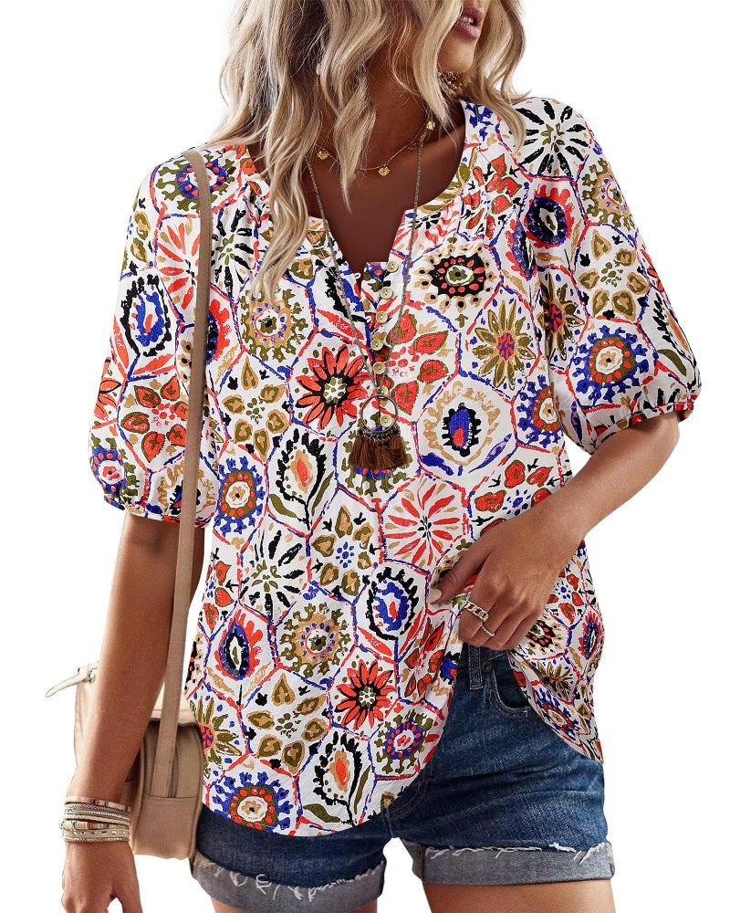 Unixseque Womens Summer Tops V Neck Short Sleeve Blouses Casual Button Down Shirts Floral Boho Clothing Trendy 2025 Multicoloured Floral XL - Image 2