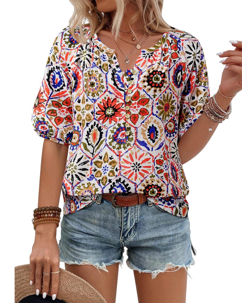 Unixseque Womens Summer Tops V Neck Short Sleeve Blouses Casual Button Down Shirts Floral Boho Clothing Trendy 2025 Multicoloured Floral XL - Image 1