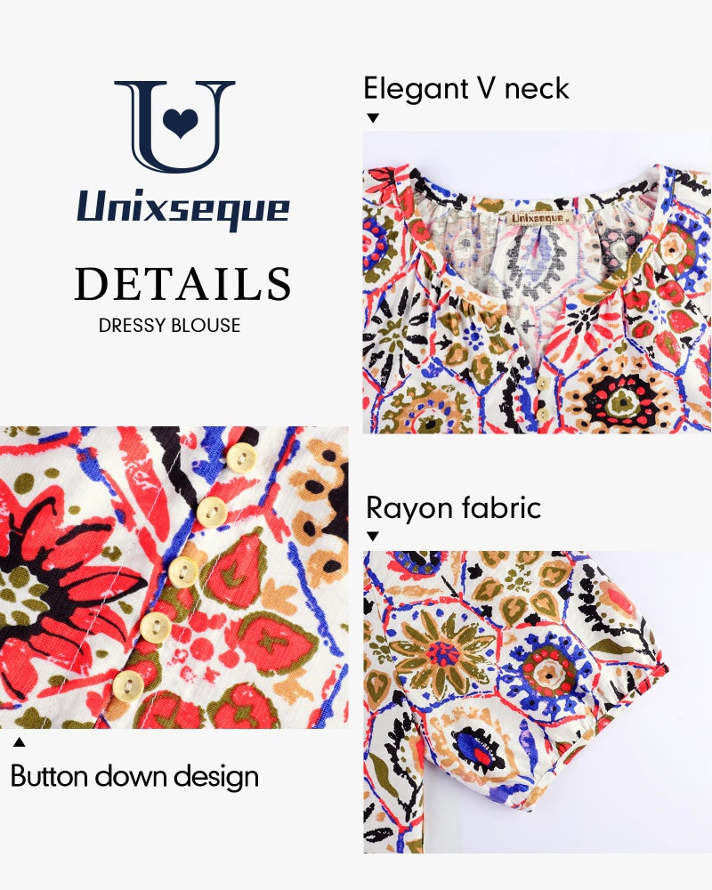 Unixseque Womens Summer Tops V Neck Short Sleeve Blouses Casual Button Down Shirts Floral Boho Clothing Trendy 2025 Multicoloured Floral XL - Image 4