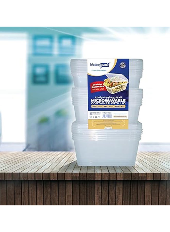 Khaleej Pack Special Offer 15 Pcs Microwave Container rect. Disposable food storage container 500 ml+750 ml +1000ml  ,5 Pcs each with lids - Image 2