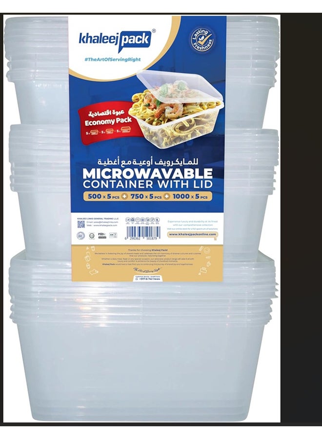 Khaleej Pack Special Offer 15 Pcs Microwave Container rect. Disposable food storage container 500 ml+750 ml +1000ml  ,5 Pcs each with lids - Image 1
