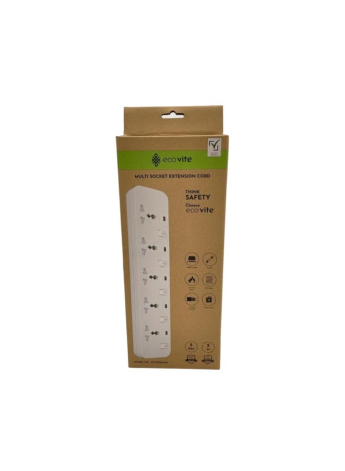 eco vite EcoVite 5-Way Extension Cord with Individual Switches – 5 Universal Sockets | 5-Meter Heavy Duty Cable | Multi Plug Power Strip | Flame-Retardant Body | ECAS Approved | Ideal for Home and Office - Image 3