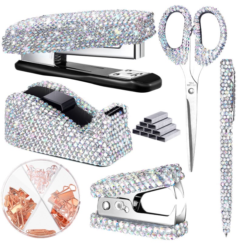 Demissle 6 Pcs Bling Office Desk Accessories Set Crystal School Stationery Kit Scissor Stapler with Staple, Tape Dispenser, Diamond Pen, Staple Remover, Binder Clip, Paper Clip, Push Pins(White) - Image 1