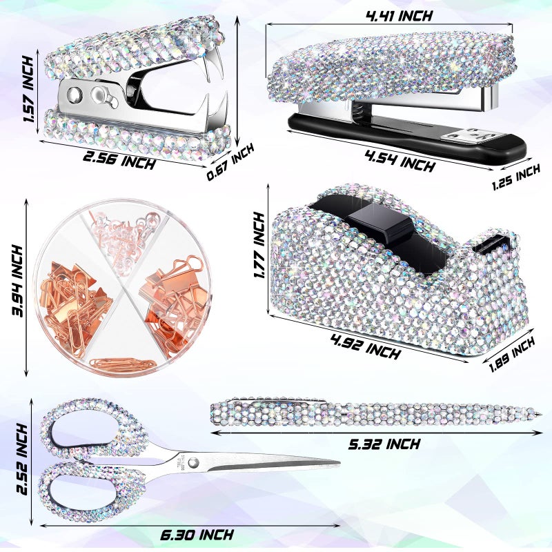 Demissle 6 Pcs Bling Office Desk Accessories Set Crystal School Stationery Kit Scissor Stapler with Staple, Tape Dispenser, Diamond Pen, Staple Remover, Binder Clip, Paper Clip, Push Pins(White) - Image 2