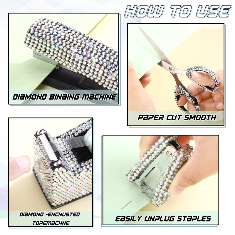 Demissle 6 Pcs Bling Office Desk Accessories Set Crystal School Stationery Kit Scissor Stapler with Staple, Tape Dispenser, Diamond Pen, Staple Remover, Binder Clip, Paper Clip, Push Pins(White) - Image 3