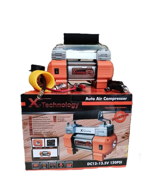 X-Technology Air Compressor, dual piston,12 Volt, Analog Counter, Long Air tube ,Battery power, Cigarette Lighter power,120 PSI