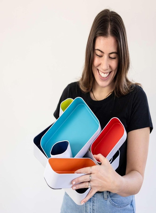 Three by Three Seattle 6 Piece Metal Organizer Tray Set for Storing Makeup, Stationery, Utensils, and More in Office Desk, Kitchen and Bathroom Drawers (2 Inch, Assorted Colors, Stripes) - Image 3