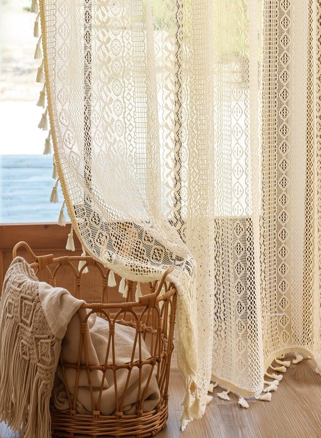 Anmao Boho Curtains Crochet Lace Semi-Sheer Hollow Out Knitted Tassels Curtain 84 Inch Length 2 Panels Set for Living Room, Vintage Bohemian Light Filtering Rod Pocket Drapes, (W52xL84, Cream Beige) - Image 1