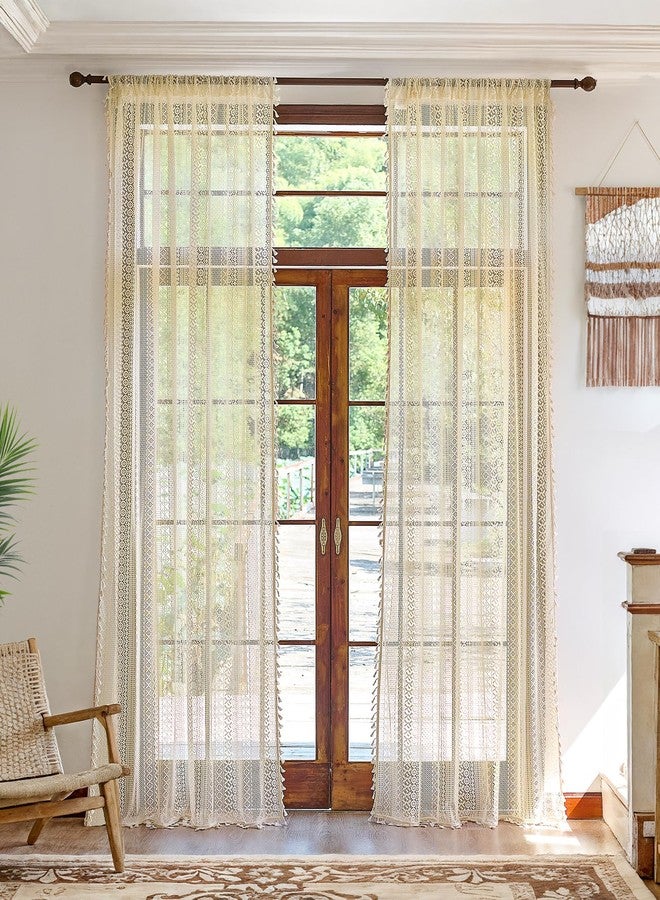 Anmao Boho Curtains Crochet Lace Semi-Sheer Hollow Out Knitted Tassels Curtain 84 Inch Length 2 Panels Set for Living Room, Vintage Bohemian Light Filtering Rod Pocket Drapes, (W52xL84, Cream Beige) - Image 2