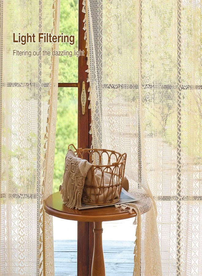 Anmao Boho Curtains Crochet Lace Semi-Sheer Hollow Out Knitted Tassels Curtain 84 Inch Length 2 Panels Set for Living Room, Vintage Bohemian Light Filtering Rod Pocket Drapes, (W52xL84, Cream Beige) - Image 4