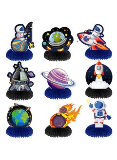 Marspark 9 Pieces Outer Space Themed Honeycomb Centerpiece Outer Space Party Decorations Birthday Party Table Toppers Double Sided Table Decorations Planet Rocket Astronaut Ufo Solar System Party Supplies  - Image 1