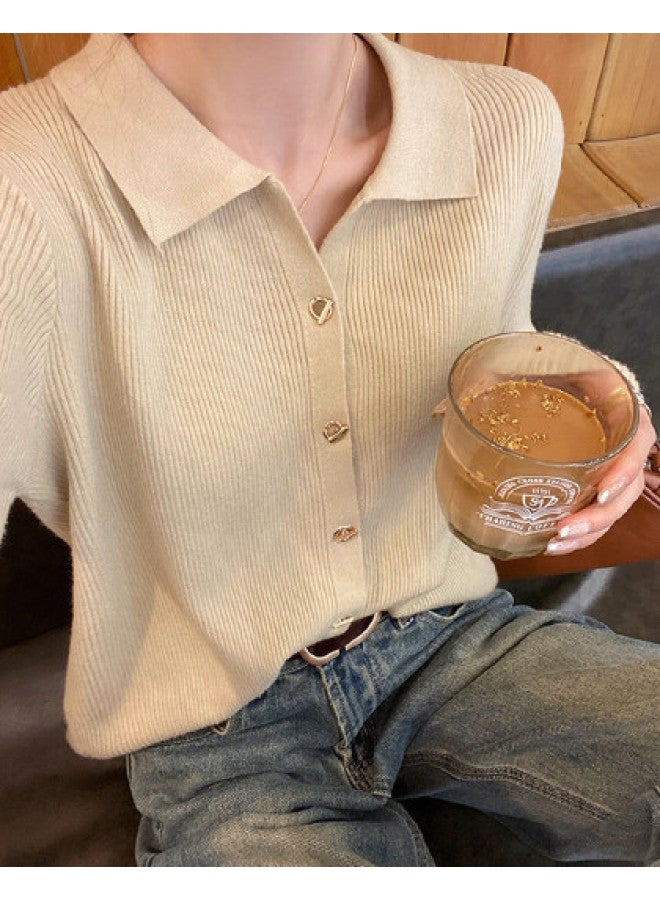 Modal Designer-Inspired Small Brand Lapel Metal Button Knit Long-Sleeve Spring/Autumn Stylish Solid Color Top Base Layer Sweater - Image 1